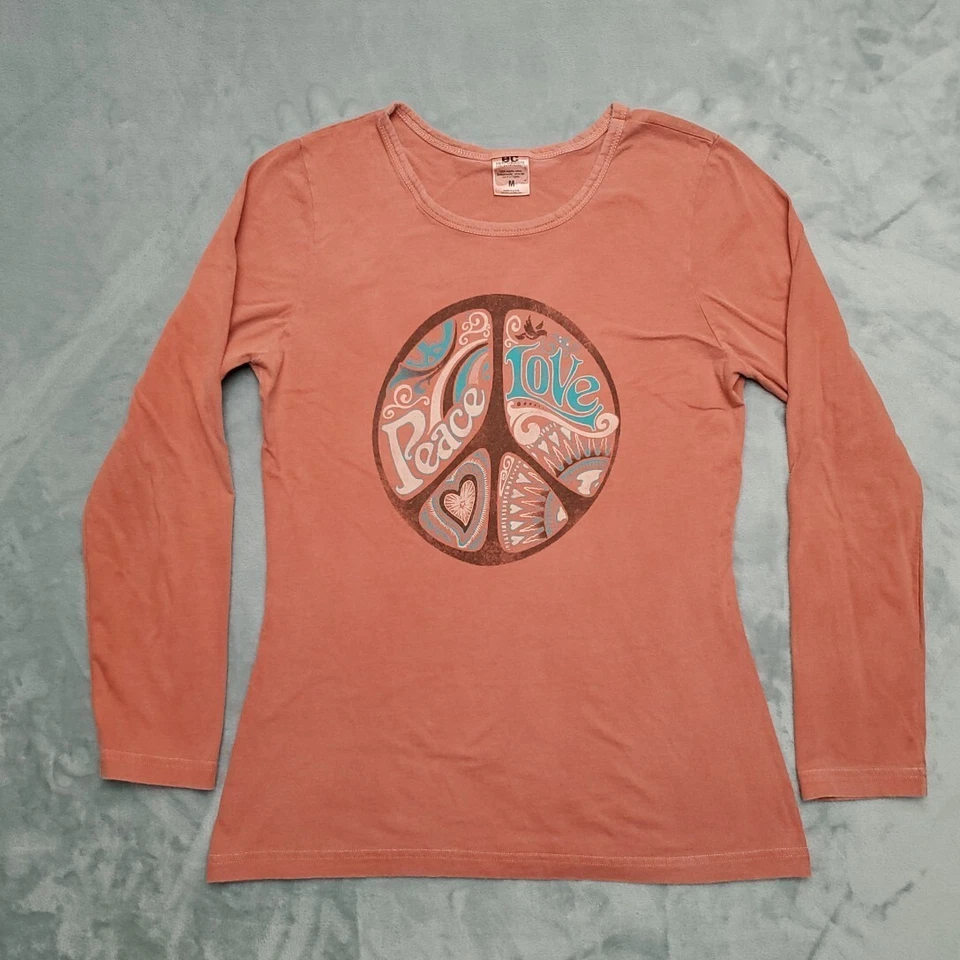 Camisa Earth Creations Feminina M Rosa Peace Love Skatista Anos 60 Anos 70 Retrô Fabricada nos EUA - Imagem 1 de 4