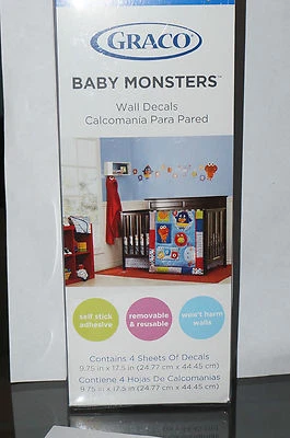 Adesivos de parede GRACO Baby Monsters 4 folhas autoadesivos 9,75 pol. x 17,5 pol. novos na caixa - Imagem 1 de 4