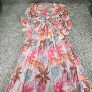 Pink Lily Dress Sz XL Boutique Floral SS Maxi Sheer Belted Bow Tie Front - Picture 1 of 5