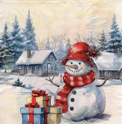 3 Servietten ~ Weihnachten, Winterdorf, Schneemann, Geschenke, Häuser ~ 33x33 - Bild 1 von 2
