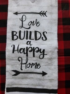 New COTTON Printed KITCHEN TERRY DISH Towel Love Builds a Happy Home Gray Black - Picture 1 of 2
