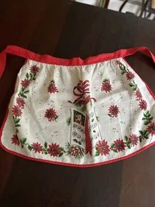 Vintage 50er Jahre Weihnachten Leinen Halbschürze, cremeweiß Leinen bedruckt Weihnachtsmotiv - Bild 1 von 5