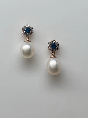 10K Rose Gold London Blue Topaz Diamond and Pearl Dangle Earrings NEW - Image 1 of 4