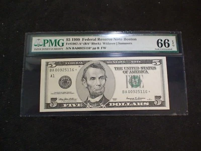 1999 Five Dollar Fed Reserve Note PMG GEM UNC 66 EPQ BOSTON STAR $5 BILL! - Image 1 of 4