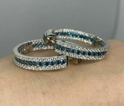 3ct Lab-created Blue Topaz & Diamond Elegant Women's Hoop Earrings Silver - Image 1 of 3