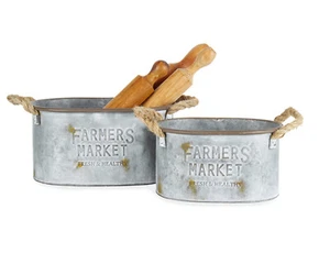 GALVANISED METAL COUNTRY FARMERS MARKET PLANTER POT TUB BUCKET SET OF 2 - Picture 1 of 4