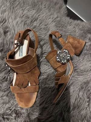 Prada brown suede sandal flower EU size 40 Fringe Slingback - Image 1 of 4