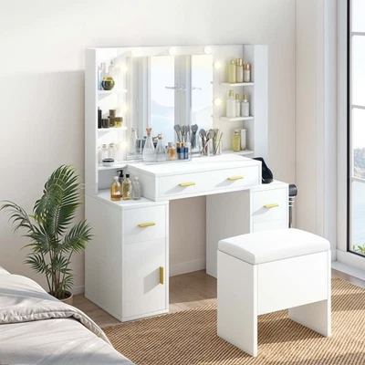 Juego de mesa de tocador de maquillaje Ultym con 9 tocador espejo LED + central eléctrica y taburete Foto 1 de 4