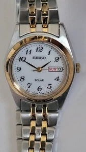 Seiko Solar Watch Women Gold Silver Tone V138-0AA0 Day Date - Picture 1 of 7