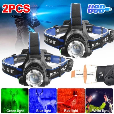 1/2X Weiß/Rot/Grün/Blau Licht LED USB Aufladbar Jagd Kopflampe Stirnlampe 4 Modi - Bild 1 von 4
