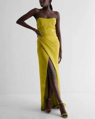 NUEVO MAXI VESTIDO EXPRESS $168 ANTIGUO MUSGO SATINADO SIN TIRANTES CORSÉ ENVOLVENTE TALLA 14 Foto 1 de 4