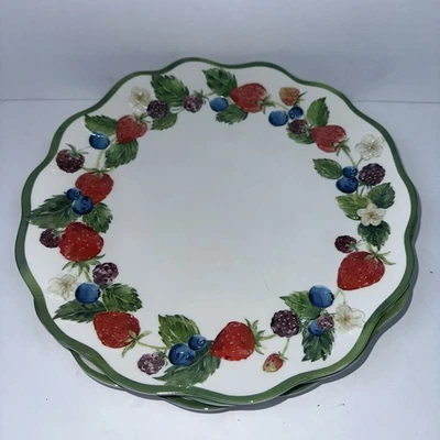 4 Primrose Vintage Strawberry Blueberry Melamine DINNER Plates 11" Floral Berry - Image 1 of 4