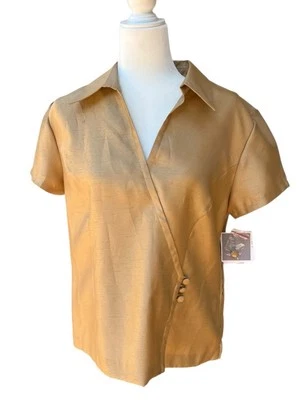 Blusa Sag Harbor Talla 14 Dorada Manga Corta Cremallera Lateral Seda con Almohadillas para el Hombro Nueva Foto 1 de 4
