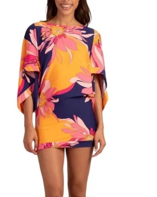 Woman’s Trina Turk Draped Sleeve Tunic Size Small Top Cover Up Navy Floral Beach — 第 1/4 张图片