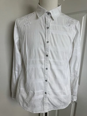Camisa para mujer Afliction blanca premium tejida bordada con botones talla XL Foto 1 de 4