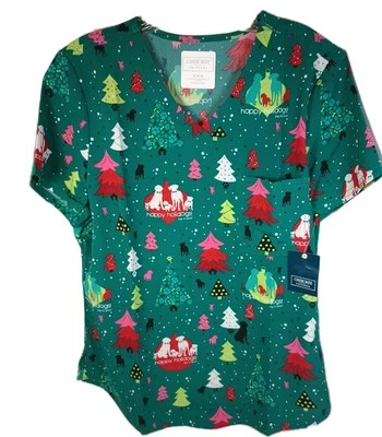 Happy Holidogs Cherokee Christmas  Scrub Top New  Choice M or L - Image 1 of 4