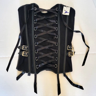 Vtg Fredericks of Hollywood Corset XL Black Satin w/ Garters Hook & Eye Goth - Image 1 of 4