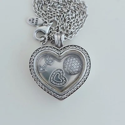 Genuino Pandora Plata Circonita cúbica Mediana Flotante Corazón Medallón 4 Dijes 60cm Collar Foto 1 de 4