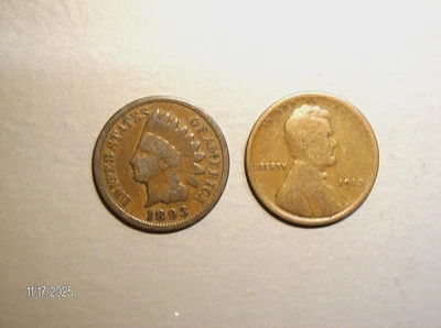 1893 Indian Head cent & 1912 Wheat cent, circulated  Z14 - Image 1 of 2