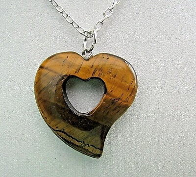 Collana unisex ciondolo cuore vero occhio di tigre GARANZIA argento 925  NUOVA - Immagine 1 di 4