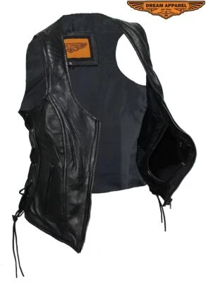 Premium Black Women's Cowhide Leather Motorcycle Concealed Side Laces Biker Vest - Image 1 of 4