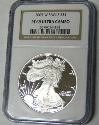 NGC PF69 2005-W American Silver Eagle 1 oz .999 Silver Dollar PR69 Ultra Cameo - Image 1 of 3