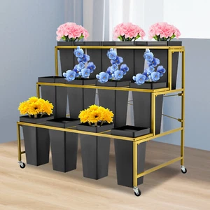 Flower Display Stand With 12PCS Buckets 3 Layers Metal Plant Stand with Wheels - Picture 1 of 45