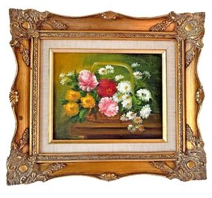 Quadro olio natura morta vintage cesto bouquet floreale firmato ornato cornice oro - Foto 1 di 12