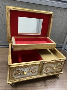 Bellissima Scatola Gioielli Musicale Vintage MELE Oro Dorato Legno Dorato Stile Fiorentino GIAPPONESE - Foto 1 di 12
