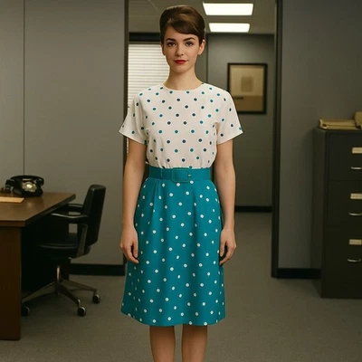 Vtg Leslie Fay Dress Size 14 Teal Green & White Polka Dot Matching Belt - Image 1 of 4