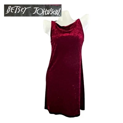 90s vtg BETSEY JOHNSON Red STRETCH Velvet Crushed Mini Tank Slip Dress Holiday S - Image 1 of 4
