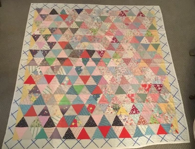 1940’s Patchwork Quilt Hand Tied Triangle Pattern Lovely Vintage Cloth 77” x 74” - Image 1 of 4