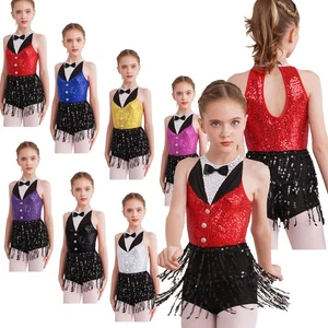 Costume body danza paillettes bambina frange nappe jazz danza latina - Foto 1 di 24