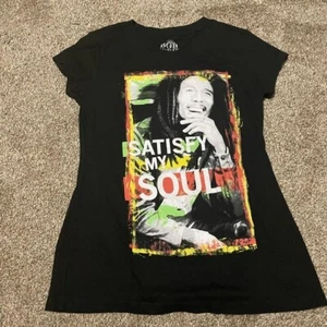 2012 BOB MARLEY Women's T-Shirt "SATISFY MY SOUL" Crop Sleeve BLACK Size L - Picture 1 of 3