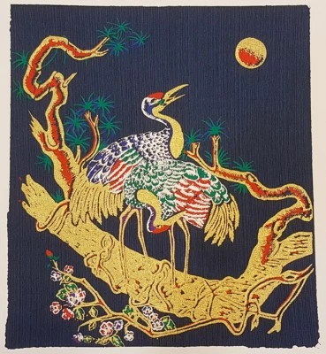 Colorful Flamingo Tree Thai Art Silk Painting Bird Poster Print Asian Home Decor - Image 1 of 4