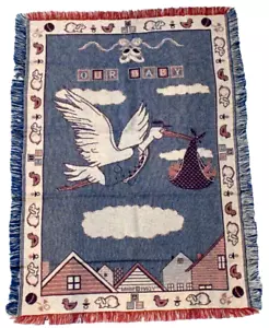 VTG 1993 MWW Fringe Throw Blanket "Our Baby" Multicolor 47"x33" Stork - Picture 1 of 8