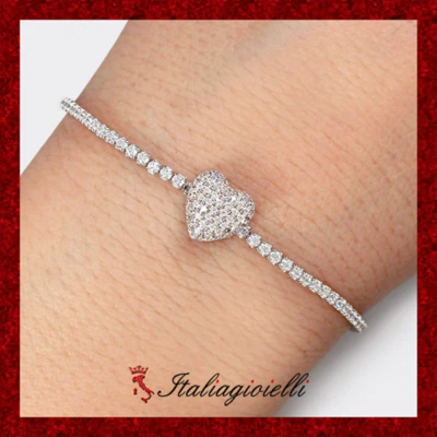 Bracciale Tennis Cuore Pavè Brillante in Argento 925 Rodiato Oro Bianco - Immagine 1 di 4