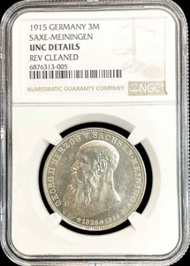 1915 SILVER DUCHY OF SAXE MEININGEN GERMANY 3 MARKS NGC UNCIRCULATED DETAILS - Picture 1 of 2