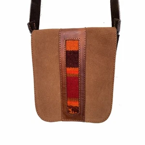 Brown Suede Crossbody Purse Bag Multicolor Woven Textile Insert Accent Adjustabl - Picture 1 of 5