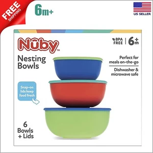Nuby Baby Toddler Feeding 6 Bowls Set with Lids Covers Food Nesting Snack 6m+ - Picture 1 of 2