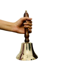Campana de mano de latón macizo grande y pesada campana escolar campana de servicio de llamadas con mano de madera - Imagen 1 de 8