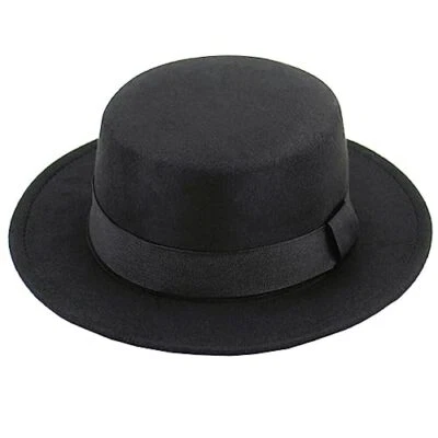 UPSTORE Wide Brim Fedora Hat Classic Classic Flat Top Panama Hat Felt Black - Image 1 of 4