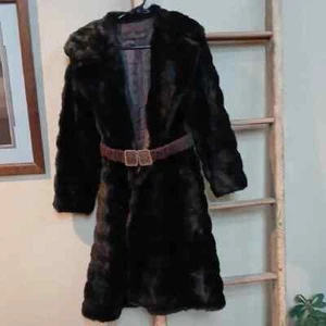 Elegant Grandella Black & Brown Faux Fur Trench Coat Belt Buckle Broken - Picture 1 of 15