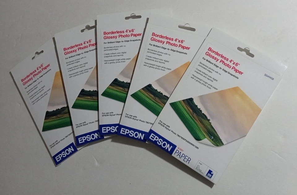 Epson Borderless 4"x6" Glossy Photo Paper S041458 5 Packs 20 sheets each Sealed - Image 1 of 2