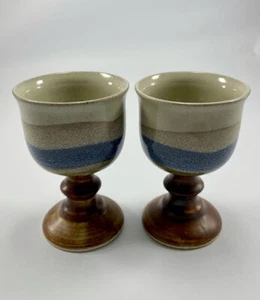 Vtg Otagiri Orginal Japan Blue Brown Wine Water Goblets Set 2 Stoneware Pottery - Picture 1 of 9