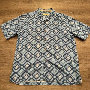 Tommy Bahama Hemd Herren mittelblau Seide Geometrisch Kurzarm Knopfleiste Schlaufe - Bild 1 von 9