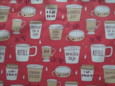 SPECIALTY COFFEE CUPS WITH SAYINGS DRINKS COTTON FABRIC FQ  - Image 1 of 4