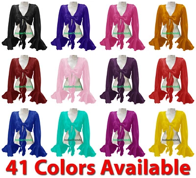 Satin Belly Dance Tie Top Wrap Choli Gypsy Haut Bell Sleeve Blouse Ruffle Bluse - Image 1 of 2