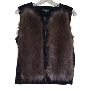 Maglione Adrianna Papell nero a costine maglia gilet M marrone pelliccia sintetica davanti zip intera - Foto 1 di 4