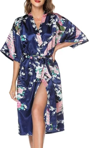 Kimono Dressing Gowns Satin Kimono Robe Peacock and Blossoms Silk Dressing Gown - Picture 1 of 12